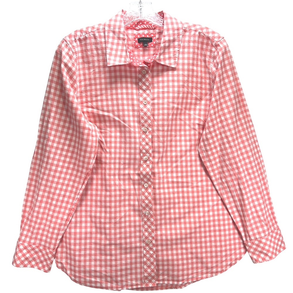 Talbots Womens Coral Pink Gingham Check Cotton Button Down Shirt Size L